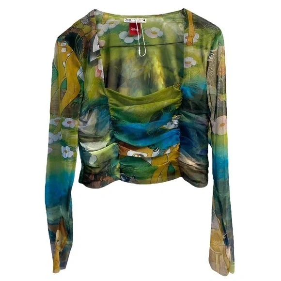 Zara x Disney Bambi Print Mesh Long Sleeve Crop Top W Ruching In Front (Flaw) - Picture 2 of 8